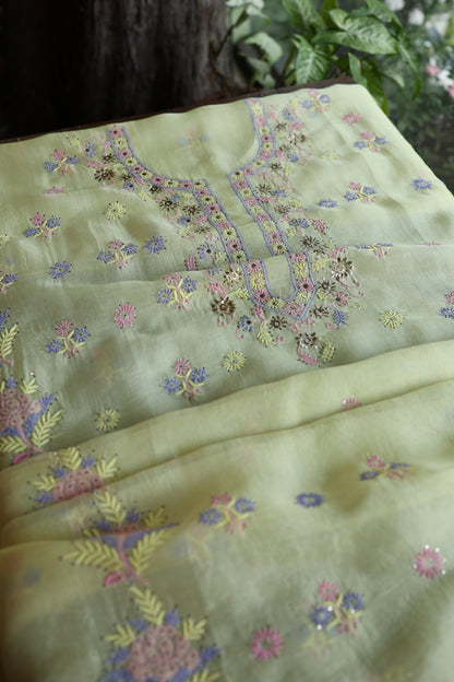 Lemon Yellow Shade Organza Silk Chikankari Unstitched Fabric
