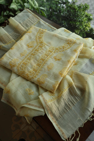 Lemon Yellow Shade Tissue Zari Kota Chikankari Unstitched Fabric