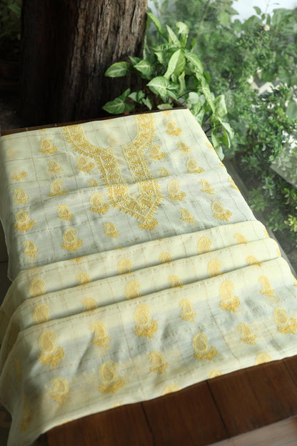 Lemon Yellow Shade Tissue Zari Kota Chikankari Unstitched Fabric