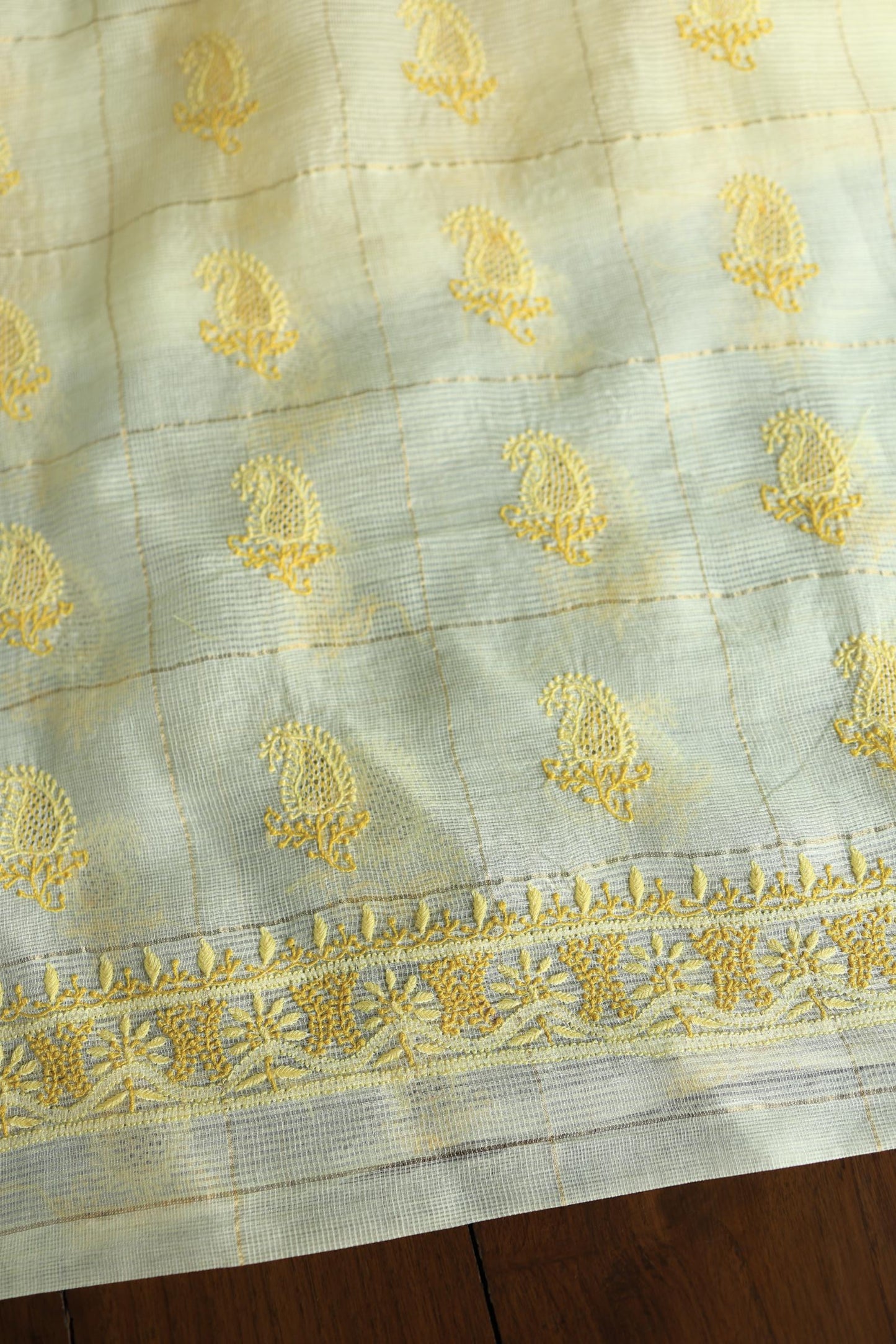 Lemon Yellow Shade Tissue Zari Kota Chikankari Unstitched Fabric
