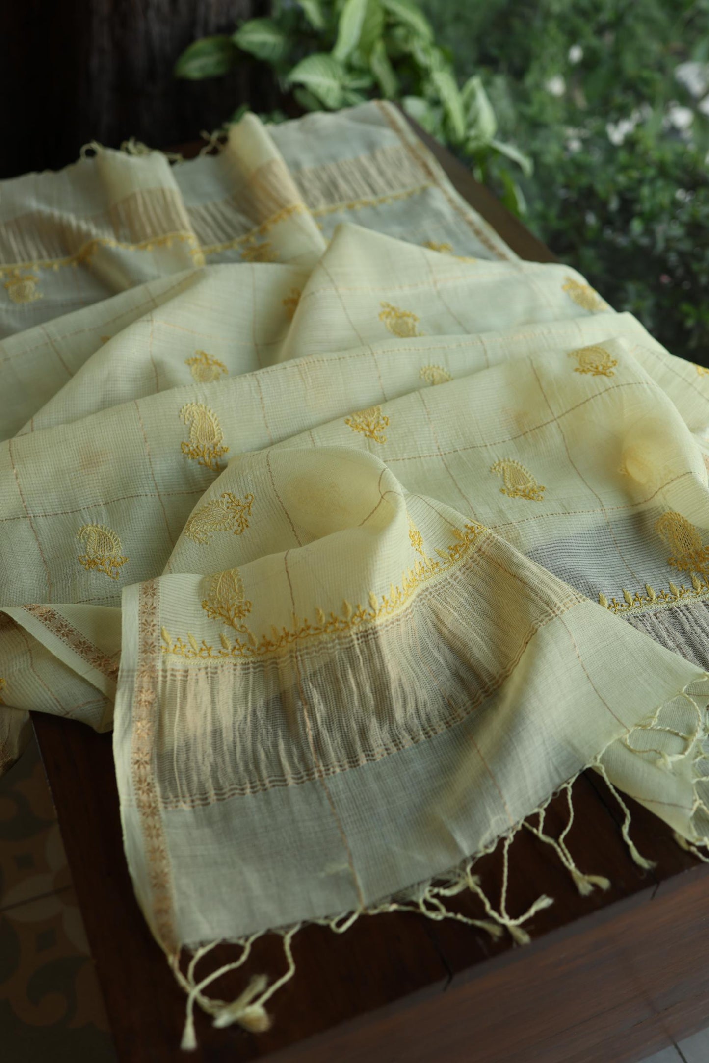 Lemon Yellow Shade Tissue Zari Kota Chikankari Unstitched Fabric