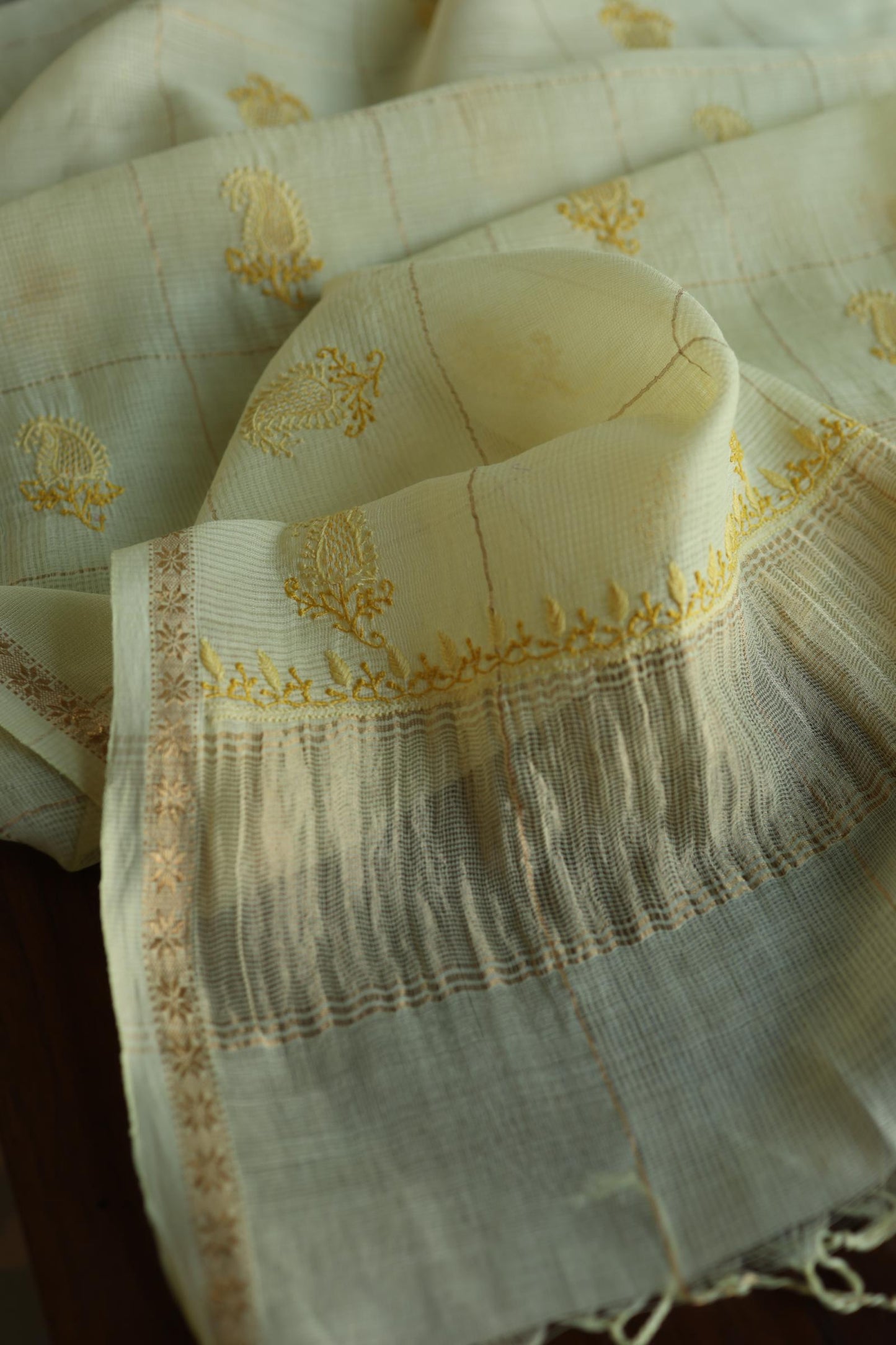 Lemon Yellow Shade Tissue Zari Kota Chikankari Unstitched Fabric