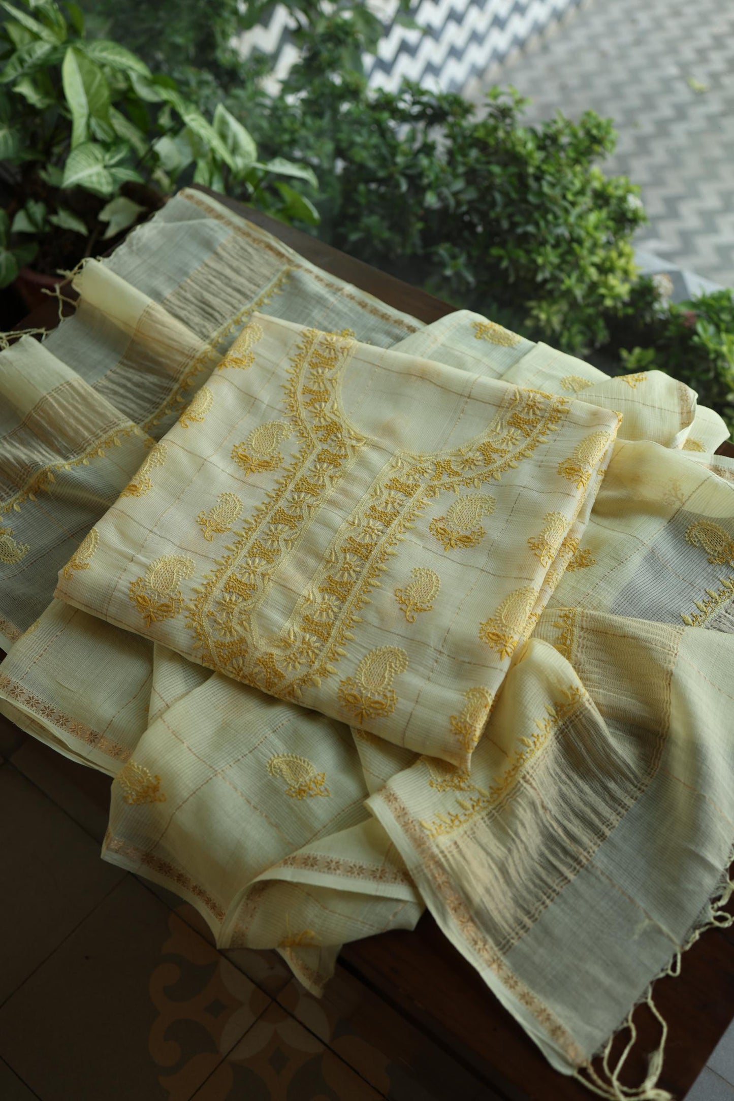 Lemon Yellow Shade Tissue Zari Kota Chikankari Unstitched Fabric