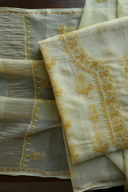 Lemon Yellow Shade Tissue Zari Kota Chikankari Unstitched Fabric