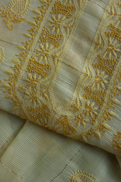 Lemon Yellow Shade Tissue Zari Kota Chikankari Unstitched Fabric