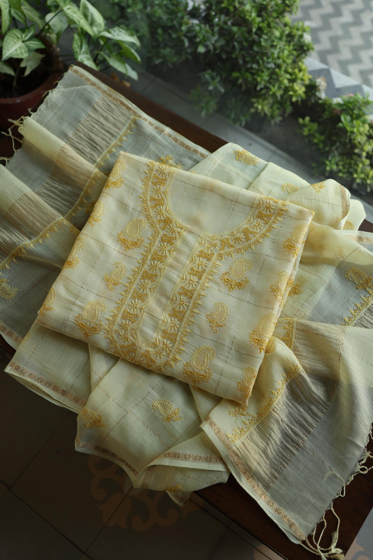 Lemon Yellow Shade Tissue Zari Kota Chikankari Unstitched Fabric