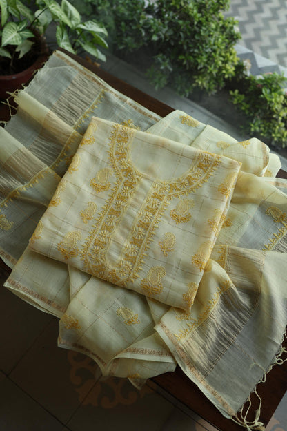 Lemon Yellow Shade Tissue Zari Kota Chikankari Unstitched Fabric