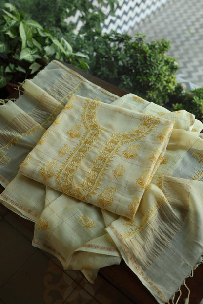 Lemon Yellow Shade Tissue Zari Kota Chikankari Unstitched Fabric
