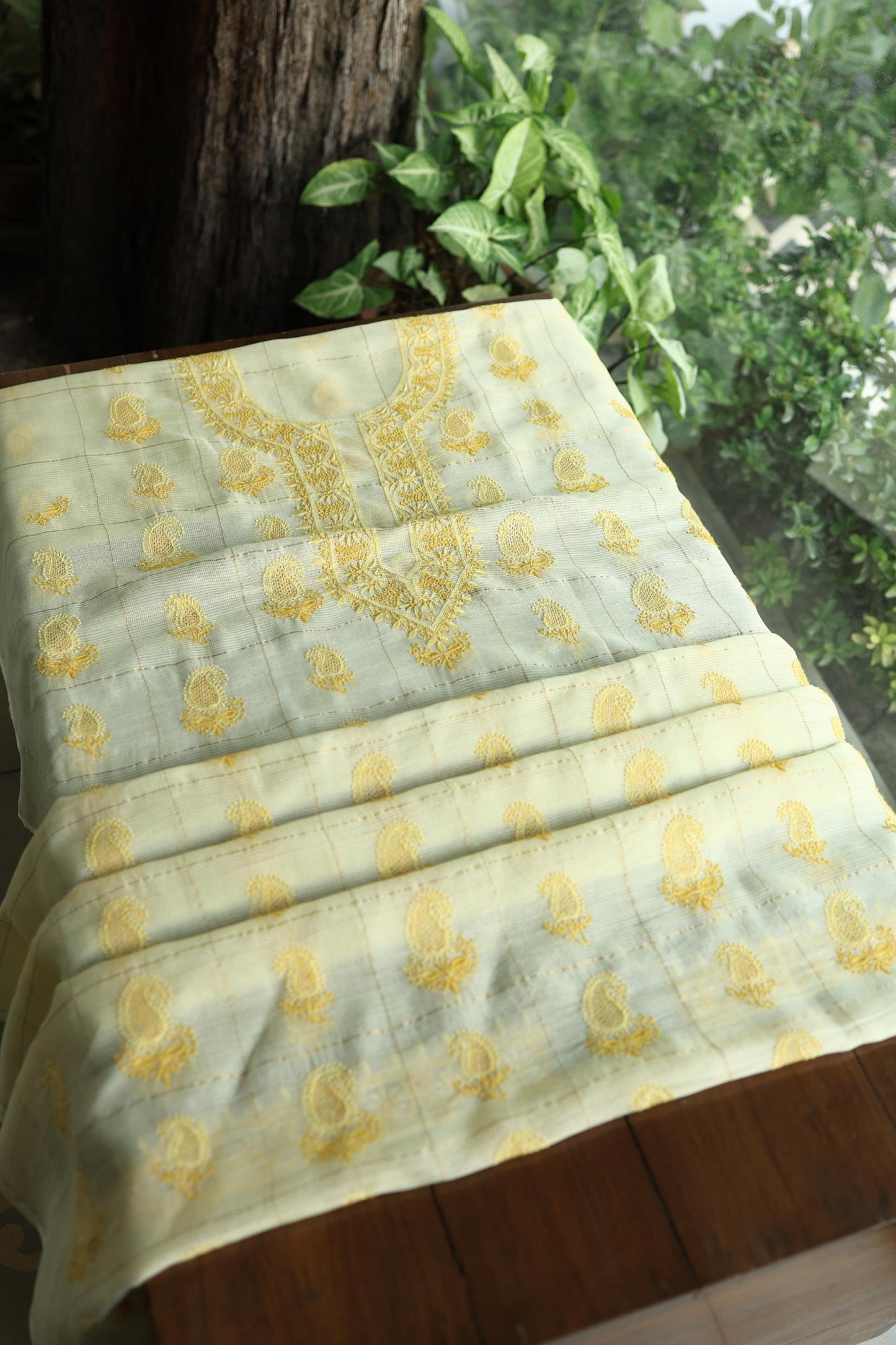 Lemon Yellow Shade Tissue Zari Kota Chikankari Unstitched Fabric