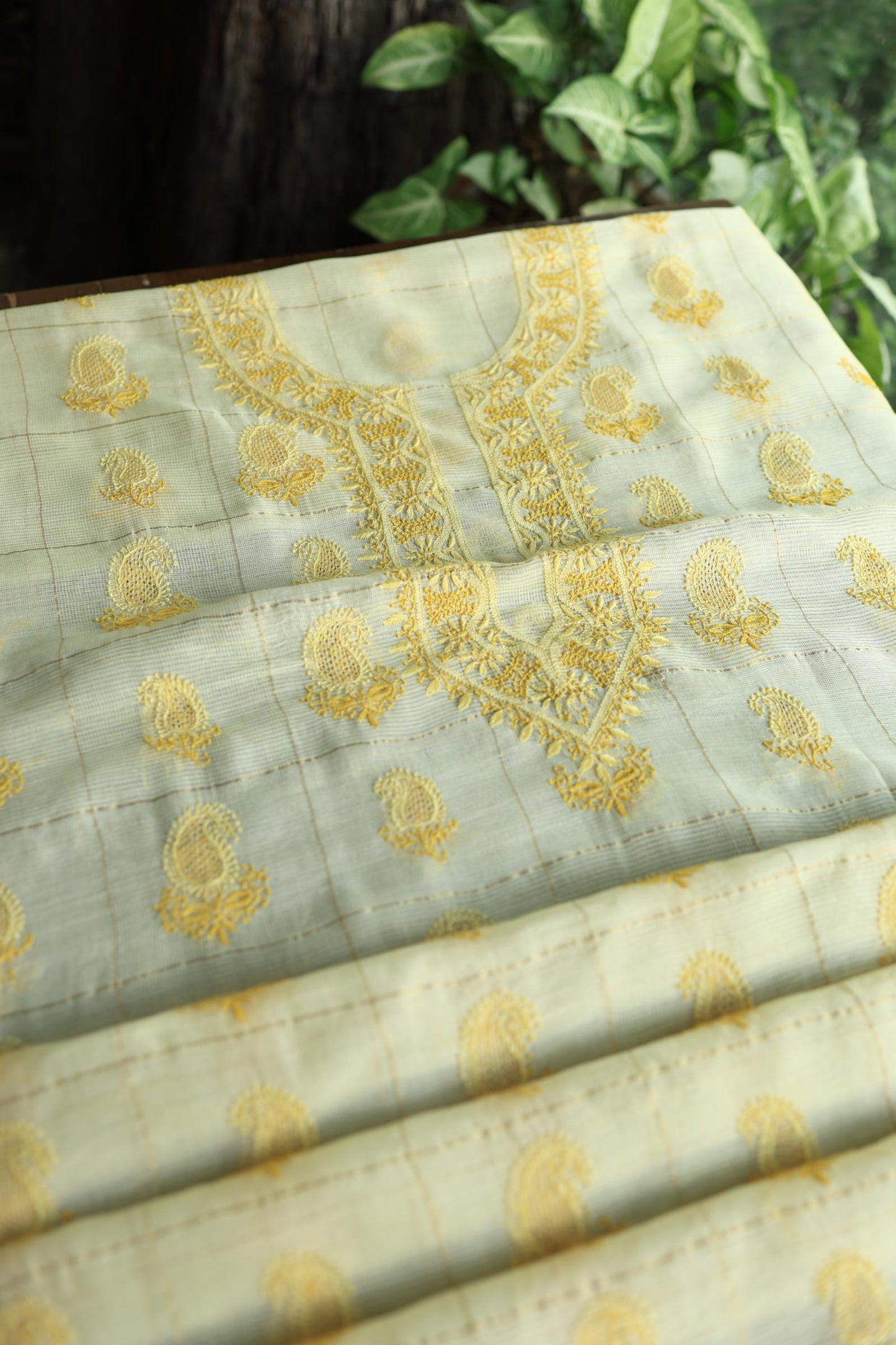 Lemon Yellow Shade Tissue Zari Kota Chikankari Unstitched Fabric