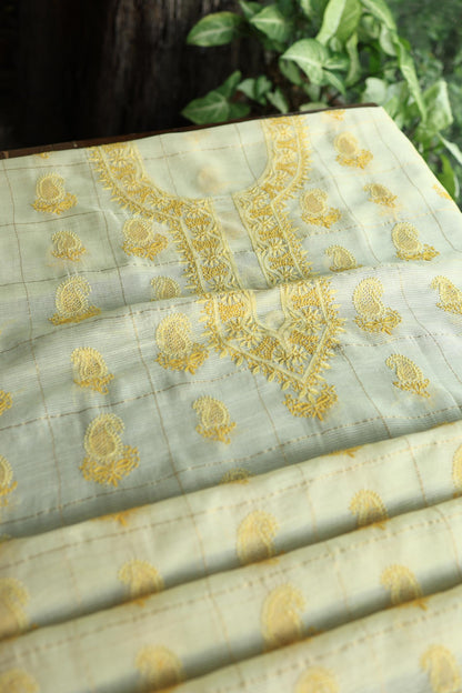 Lemon Yellow Shade Tissue Zari Kota Chikankari Unstitched Fabric