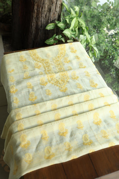 Lemon Yellow Shade Tissue Zari Kota Chikankari Unstitched Fabric