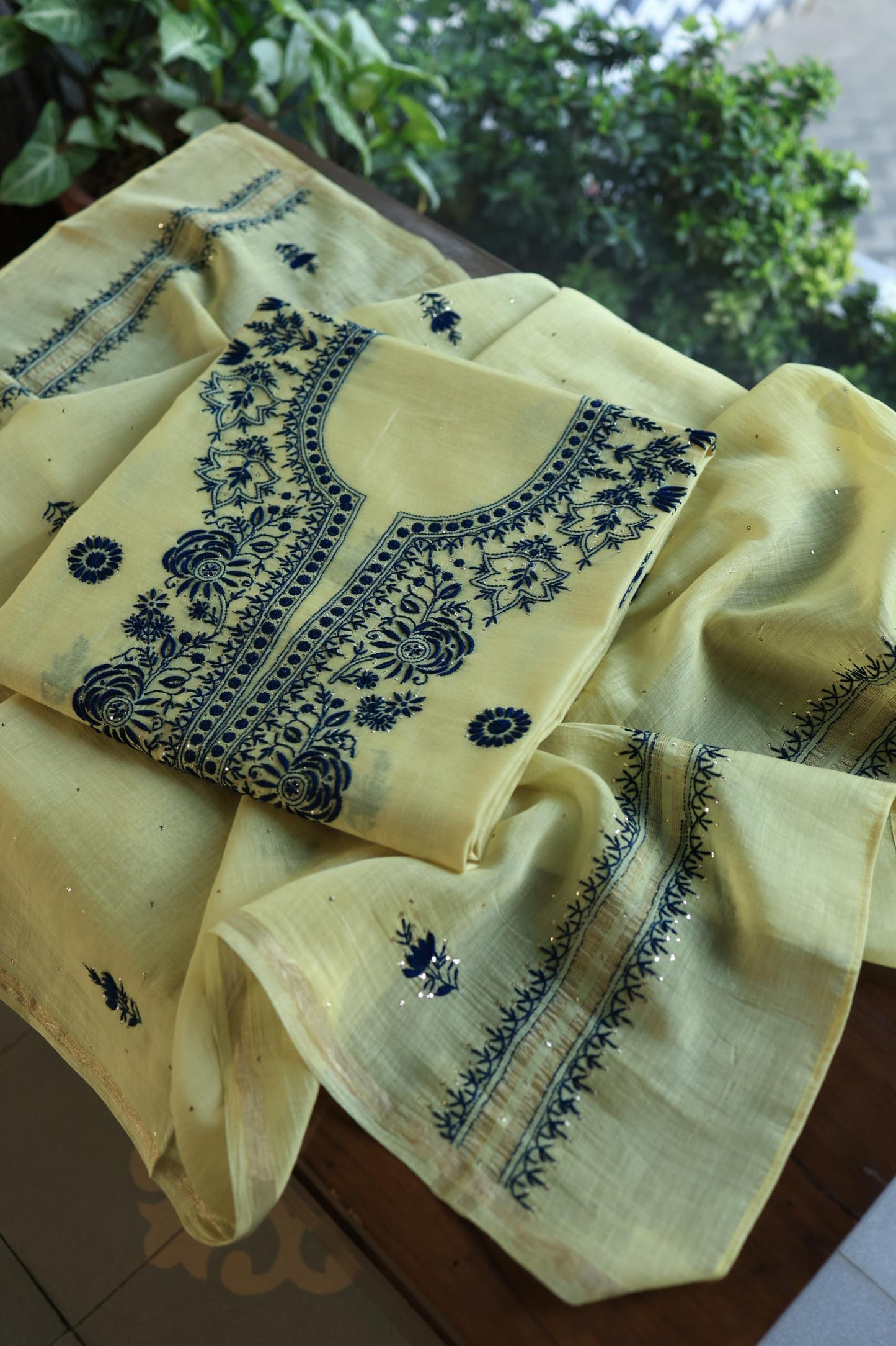 Lemon & Navy Blue Shade Mal Cotton Chikankari Unstitched Kurta Dupatta Fabrics With Kamdani