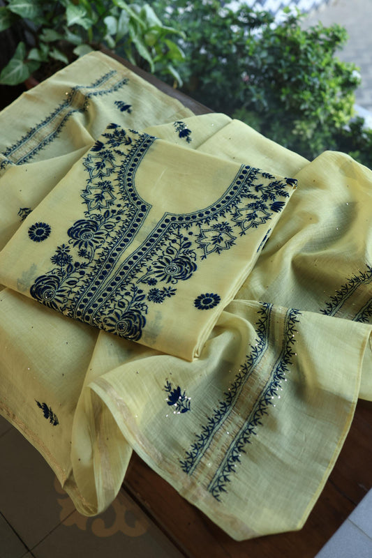 Lemon & Navy Blue Shade Mal Cotton Chikankari Unstitched Kurta Dupatta Fabrics With Kamdani
