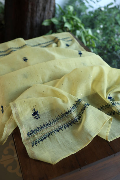 Lemon & Navy Blue Shade Mal Cotton Chikankari Unstitched Kurta Dupatta Fabrics With Kamdani