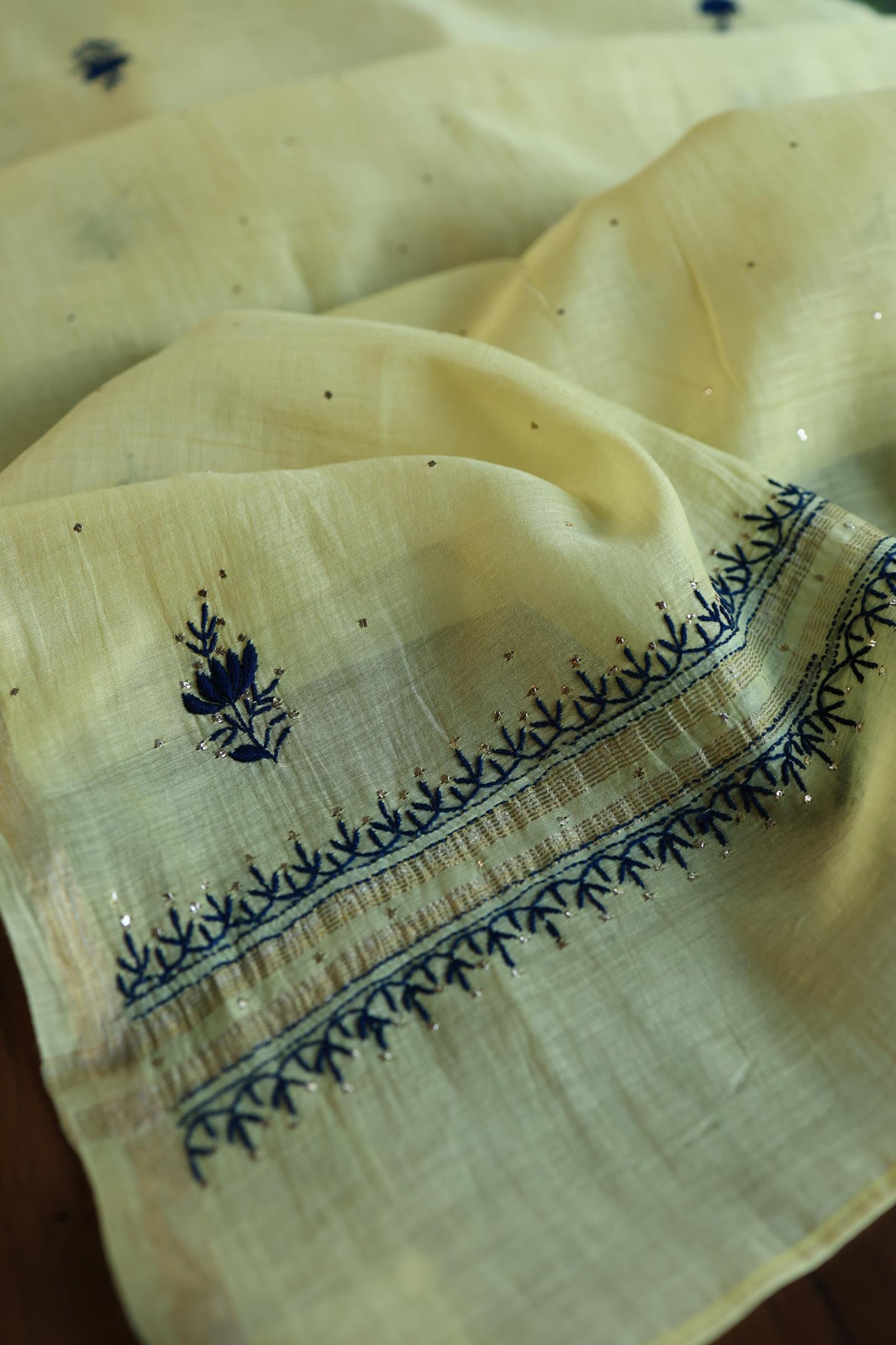 Lemon & Navy Blue Shade Mal Cotton Chikankari Unstitched Kurta Dupatta Fabrics With Kamdani