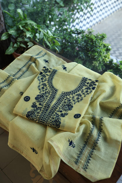 Lemon & Navy Blue Shade Mal Cotton Chikankari Unstitched Kurta Dupatta Fabrics With Kamdani