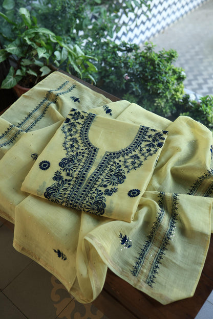 Lemon & Navy Blue Shade Mal Cotton Chikankari Unstitched Kurta Dupatta Fabrics With Kamdani