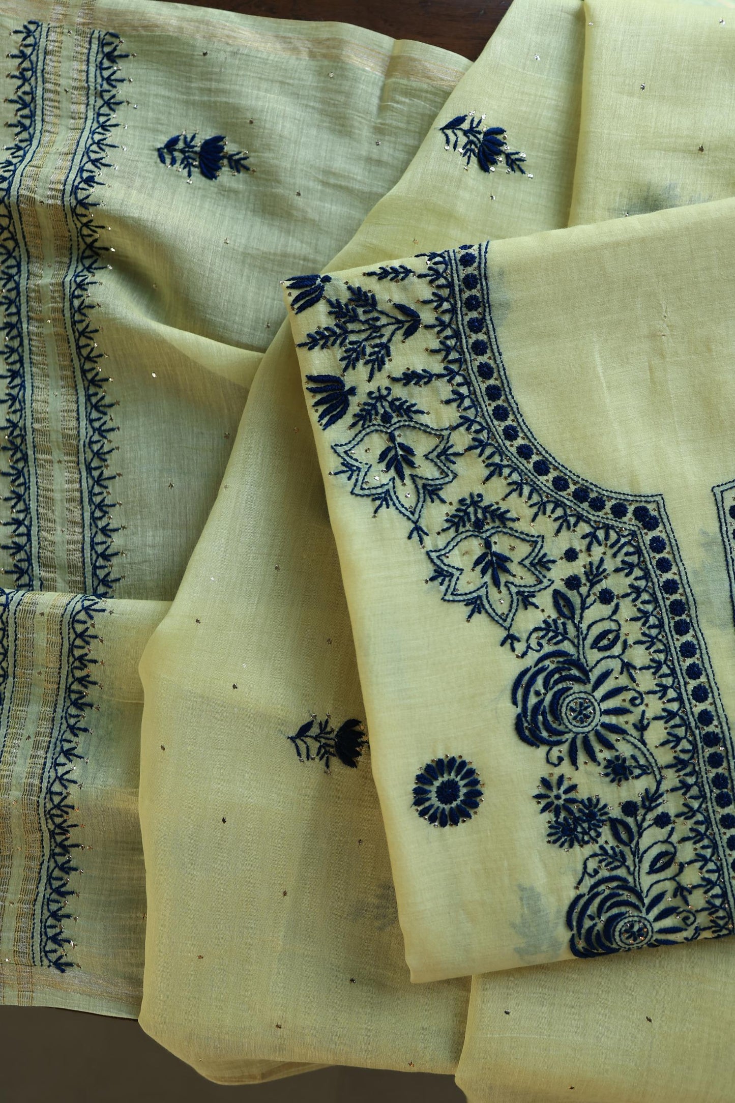 Lemon & Navy Blue Shade Mal Cotton Chikankari Unstitched Kurta Dupatta Fabrics With Kamdani