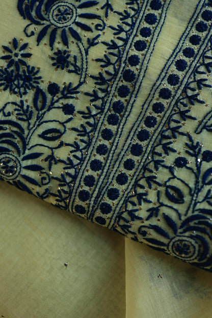 Lemon & Navy Blue Shade Mal Cotton Chikankari Unstitched Kurta Dupatta Fabrics With Kamdani