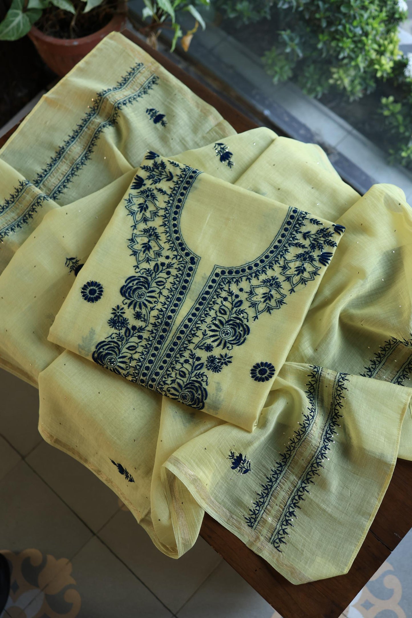 Lemon & Navy Blue Shade Mal Cotton Chikankari Unstitched Kurta Dupatta Fabrics With Kamdani