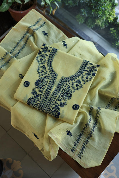 Lemon & Navy Blue Shade Mal Cotton Chikankari Unstitched Kurta Dupatta Fabrics With Kamdani