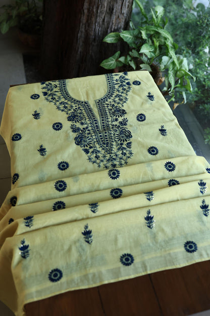 Lemon & Navy Blue Shade Mal Cotton Chikankari Unstitched Kurta Dupatta Fabrics With Kamdani