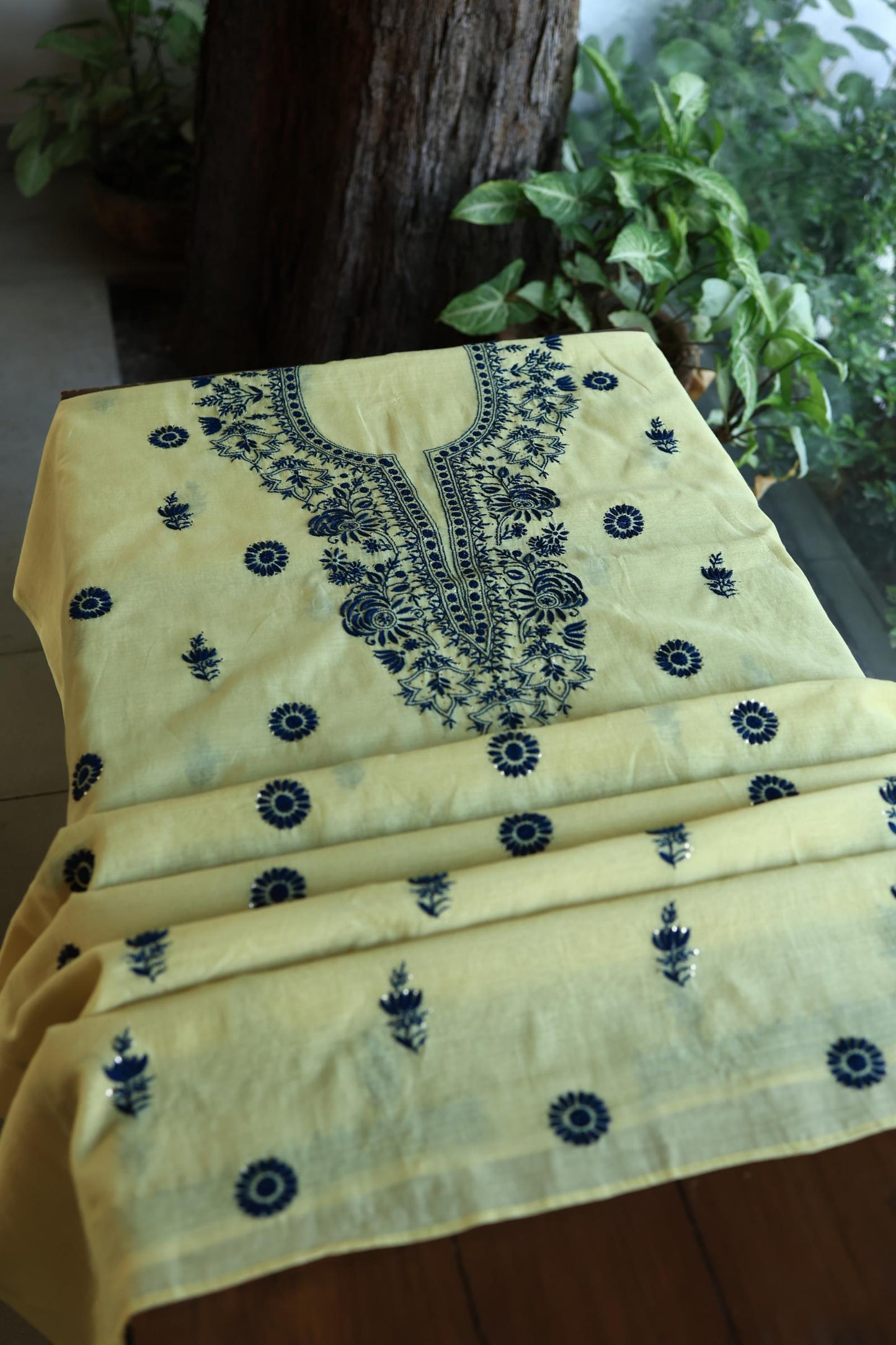 Lemon & Navy Blue Shade Mal Cotton Chikankari Unstitched Kurta Dupatta Fabrics With Kamdani