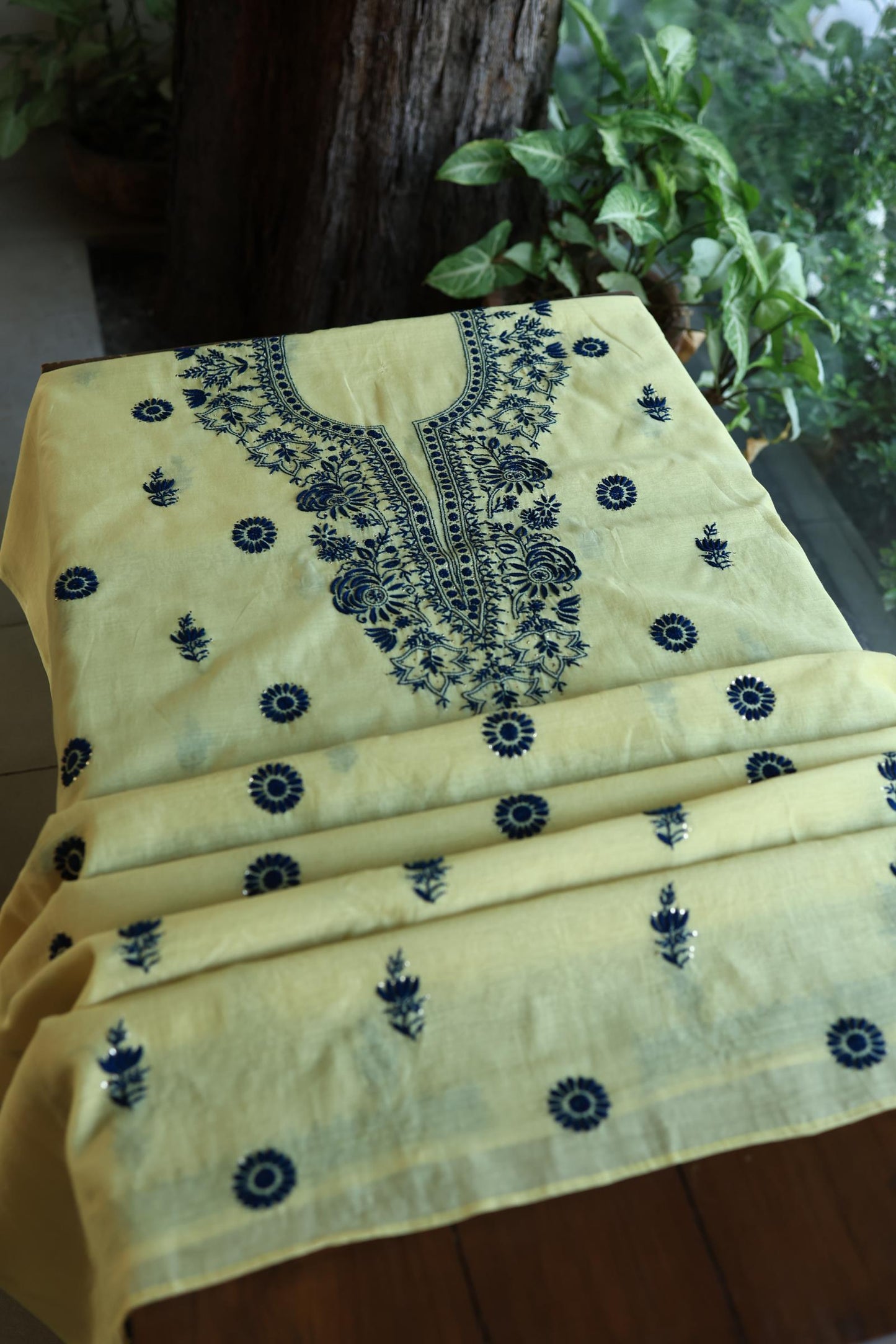 Lemon & Navy Blue Shade Mal Cotton Chikankari Unstitched Kurta Dupatta Fabrics With Kamdani