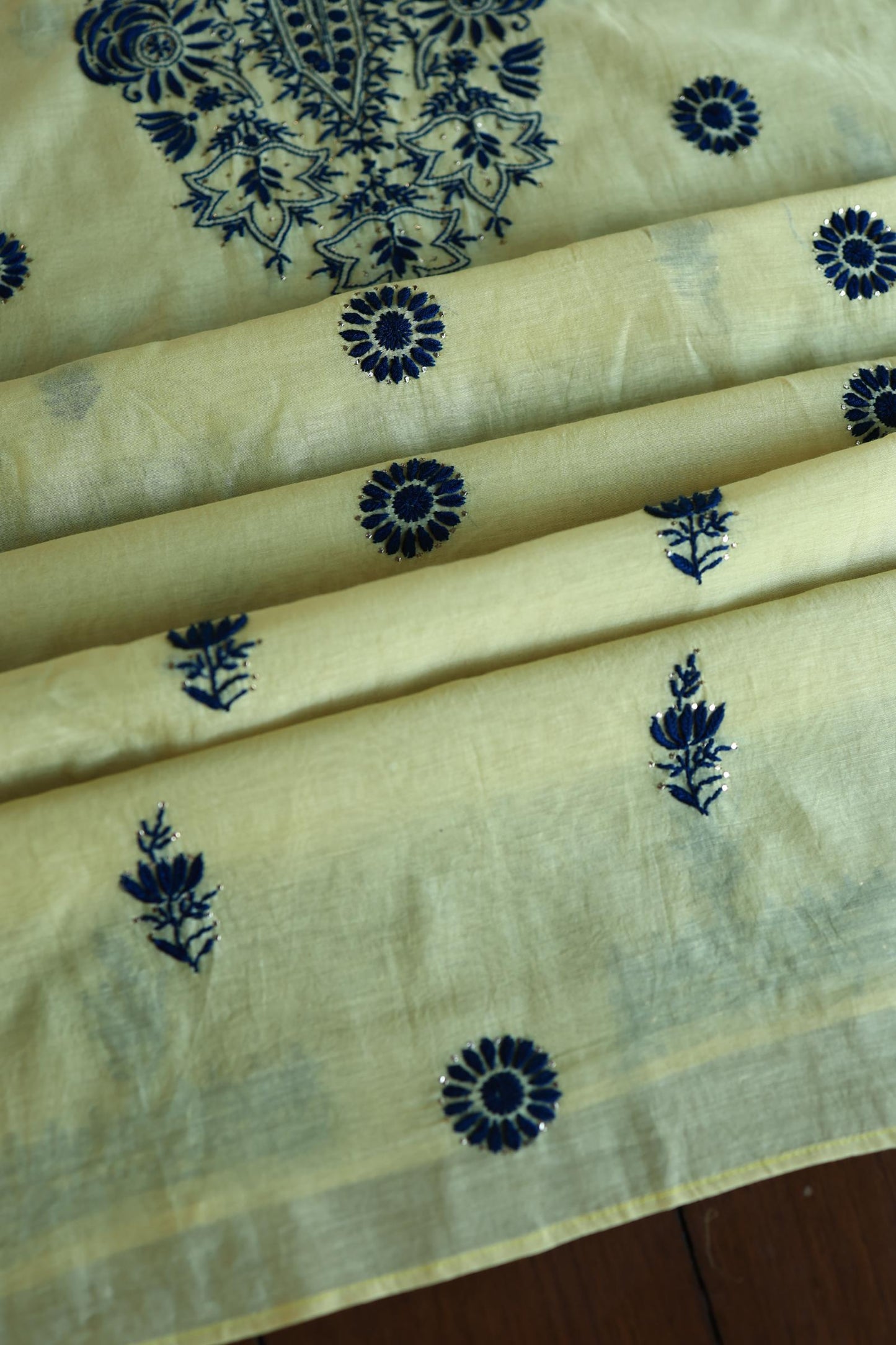 Lemon & Navy Blue Shade Mal Cotton Chikankari Unstitched Kurta Dupatta Fabrics With Kamdani