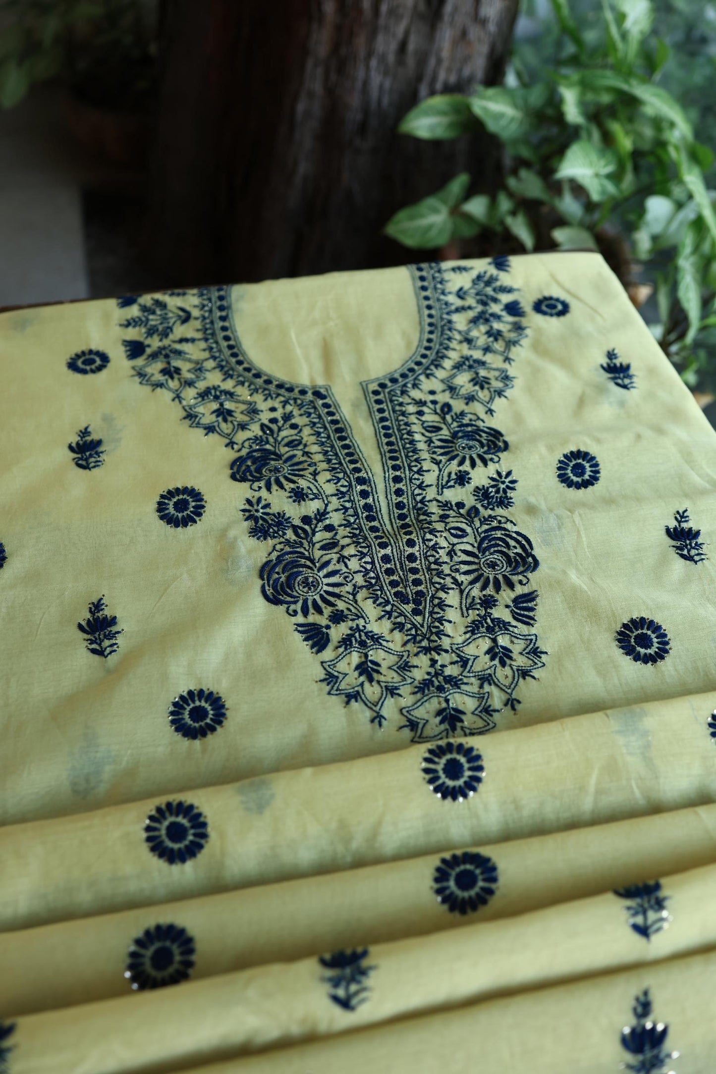 Lemon & Navy Blue Shade Mal Cotton Chikankari Unstitched Kurta Dupatta Fabrics With Kamdani