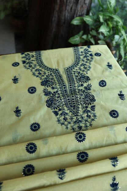 Lemon & Navy Blue Shade Mal Cotton Chikankari Unstitched Kurta Dupatta Fabrics With Kamdani