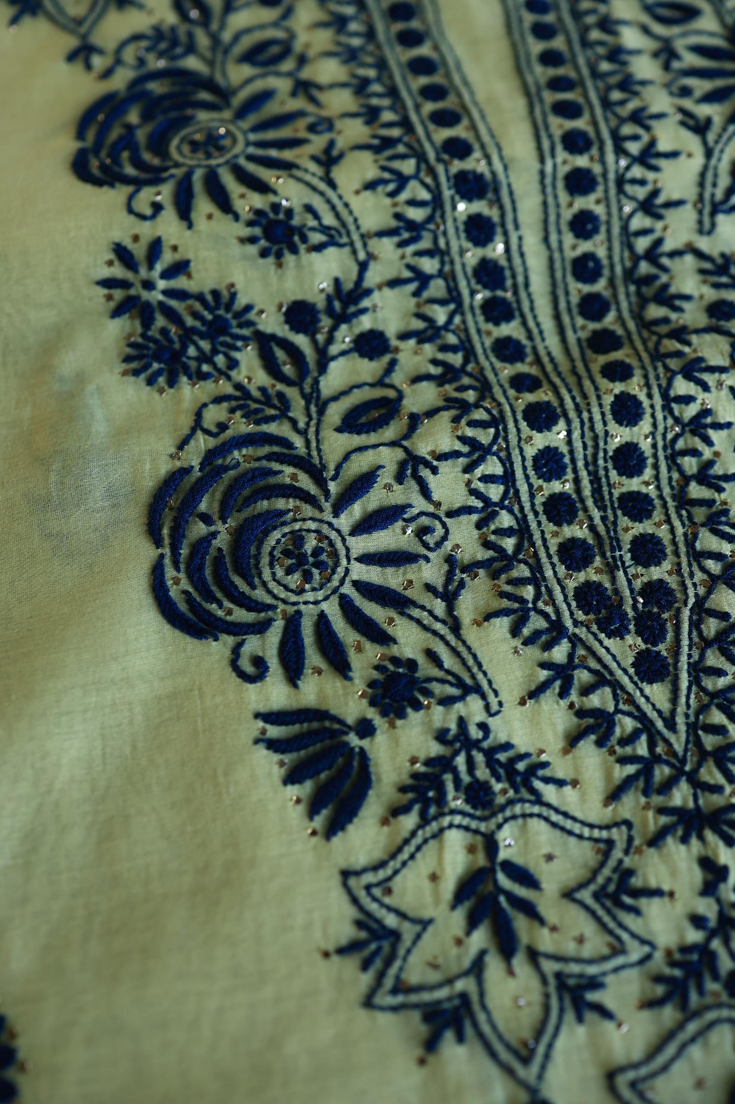 Lemon & Navy Blue Shade Mal Cotton Chikankari Unstitched Kurta Dupatta Fabrics With Kamdani