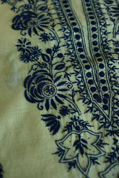 Lemon & Navy Blue Shade Mal Cotton Chikankari Unstitched Kurta Dupatta Fabrics With Kamdani