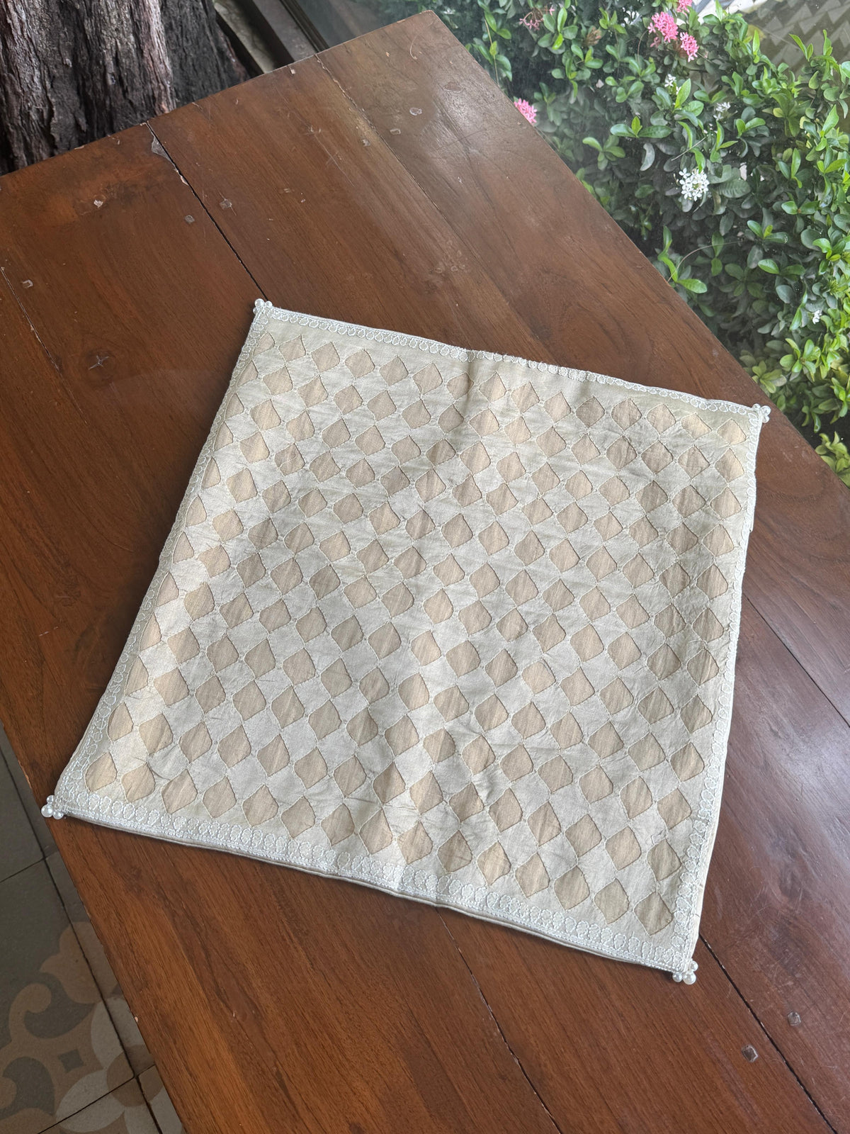Light Beige Chanderi Cushion Cover with Daraz Appliqué & Shadow Work