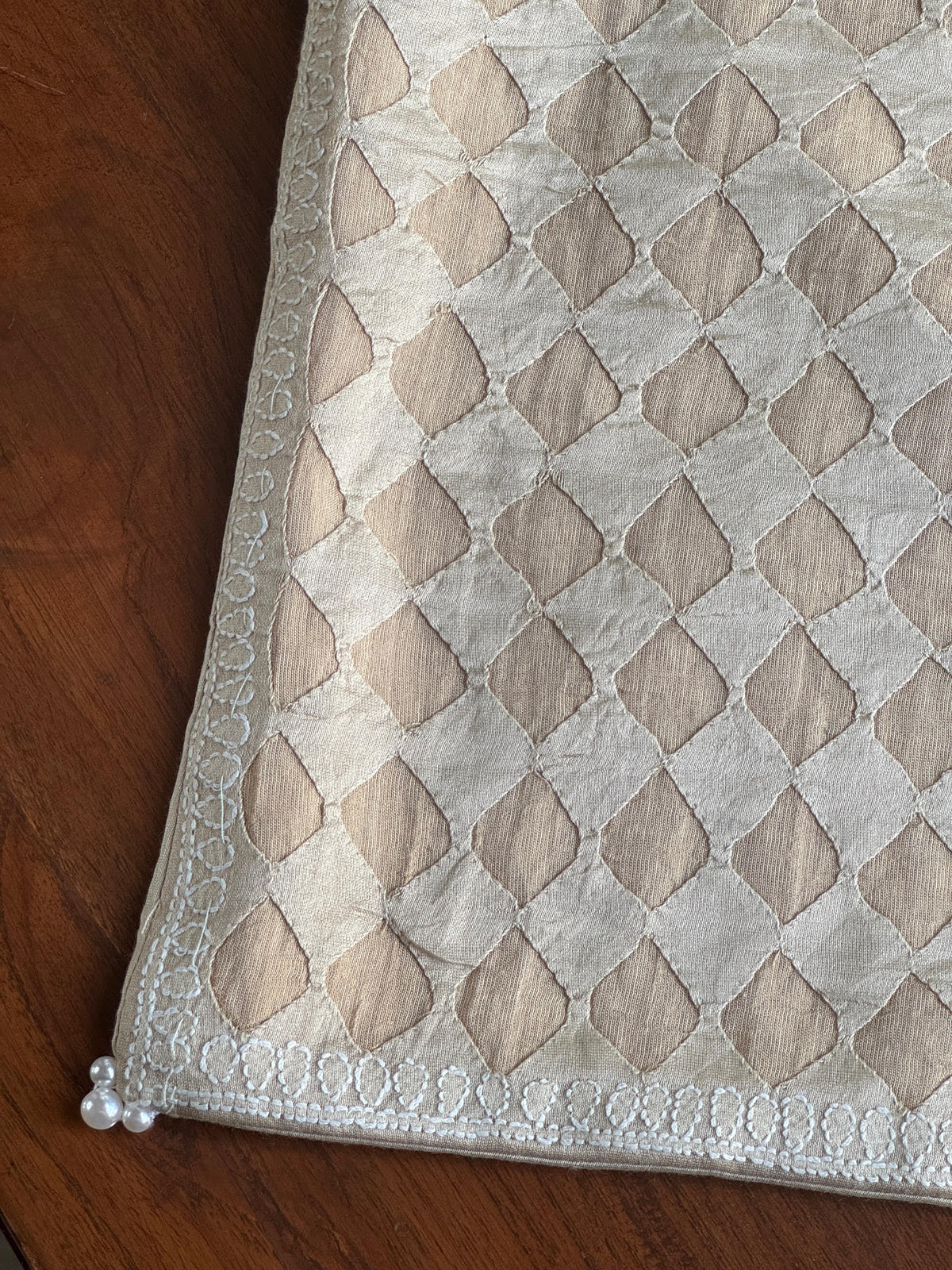 Light Beige Chanderi Cushion Cover with Daraz Appliqué & Shadow Work