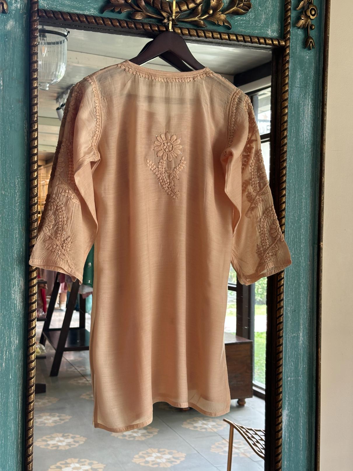 Light Beige Chanderi Mukaish Kamdani Short Kurti