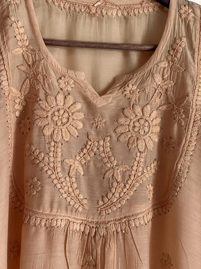 Light Beige Chanderi Mukaish Kamdani Short Kurti