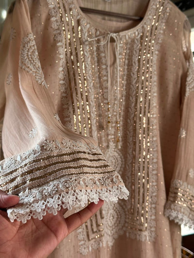 Light Beige Crush Mul Heavy Chikankari Yoke Kurta Set