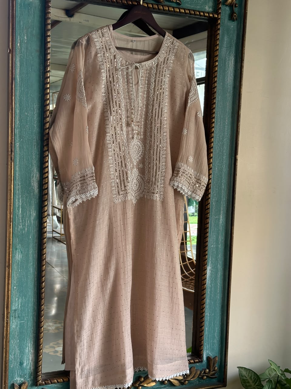 Light Beige Crush Mul Heavy Chikankari Yoke Kurta Set