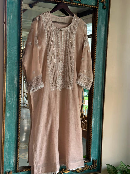 Light Beige Crush Mul Heavy Chikankari Yoke Kurta Set