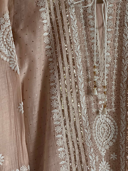 Light Beige Crush Mul Heavy Chikankari Yoke Kurta Set