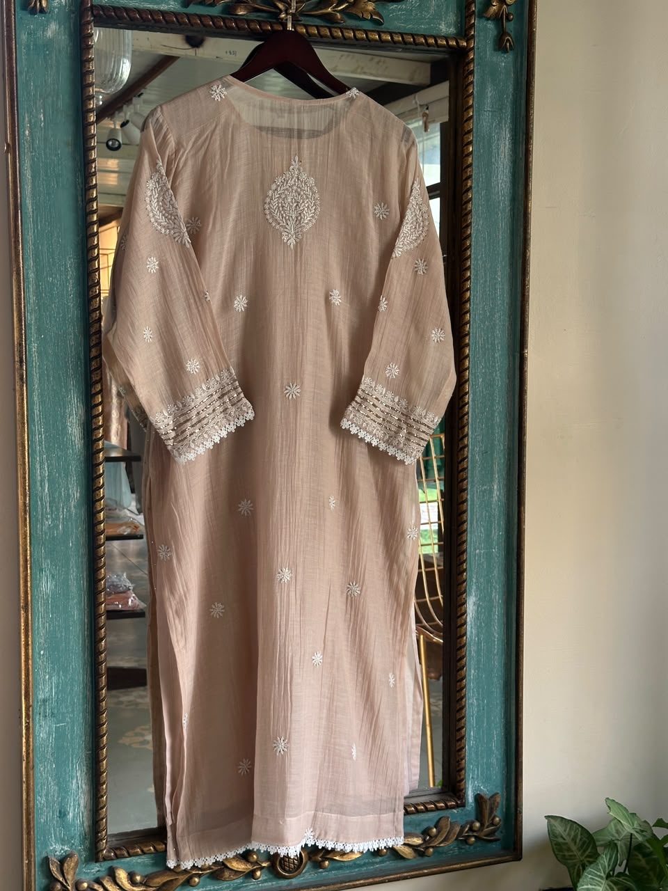 Light Beige Crush Mul Heavy Chikankari Yoke Kurta Set