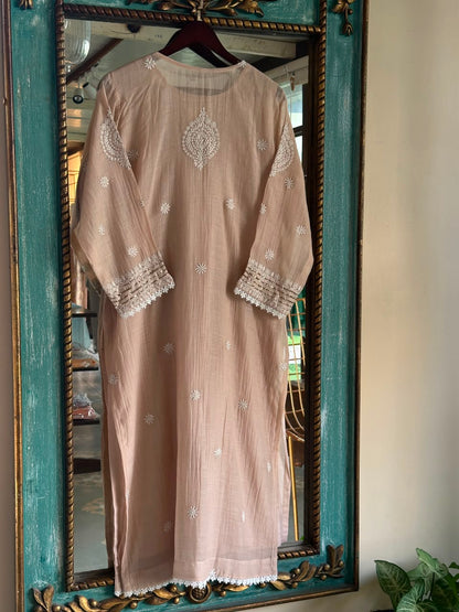 Light Beige Crush Mul Heavy Chikankari Yoke Kurta Set