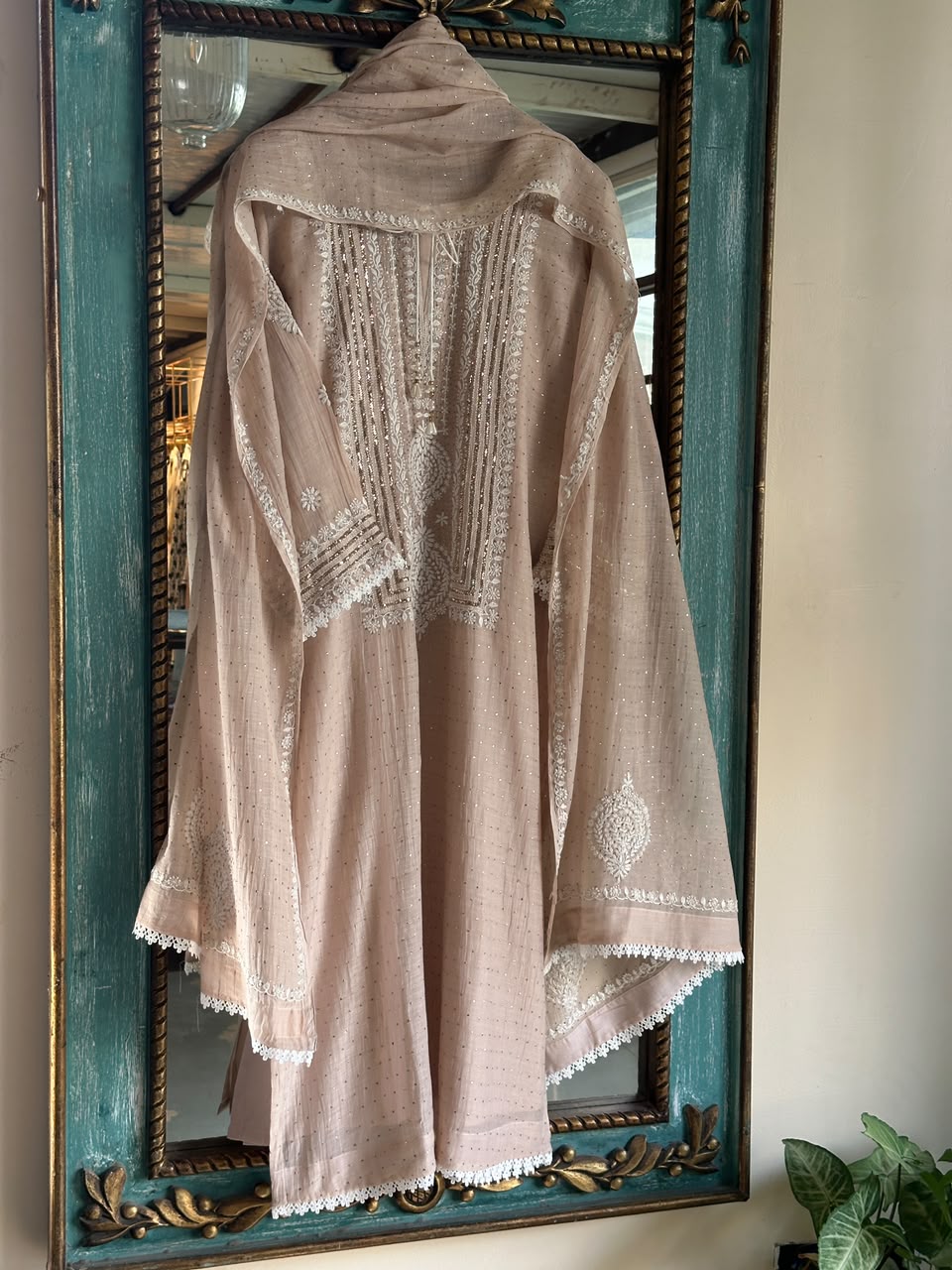 Light Beige Crush Mul Heavy Chikankari Yoke Kurta Set