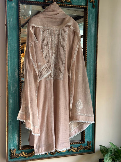 Light Beige Crush Mul Heavy Chikankari Yoke Kurta Set
