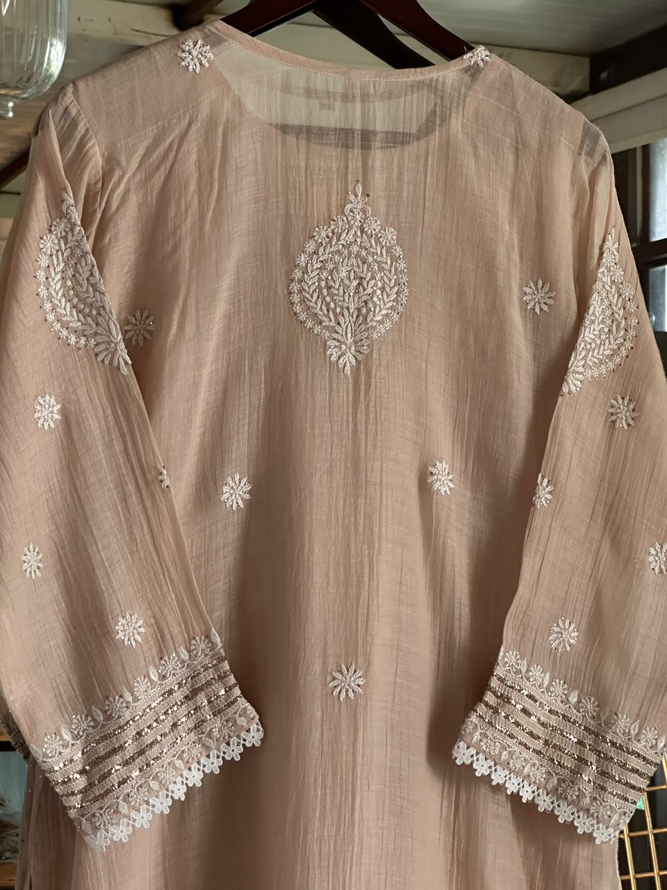 Light Beige Crush Mul Heavy Chikankari Yoke Kurta Set