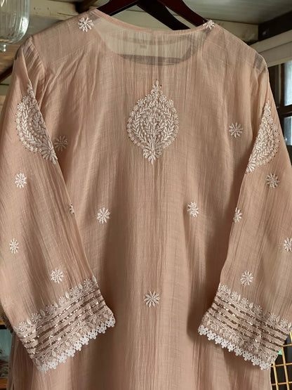 Light Beige Crush Mul Heavy Chikankari Yoke Kurta Set