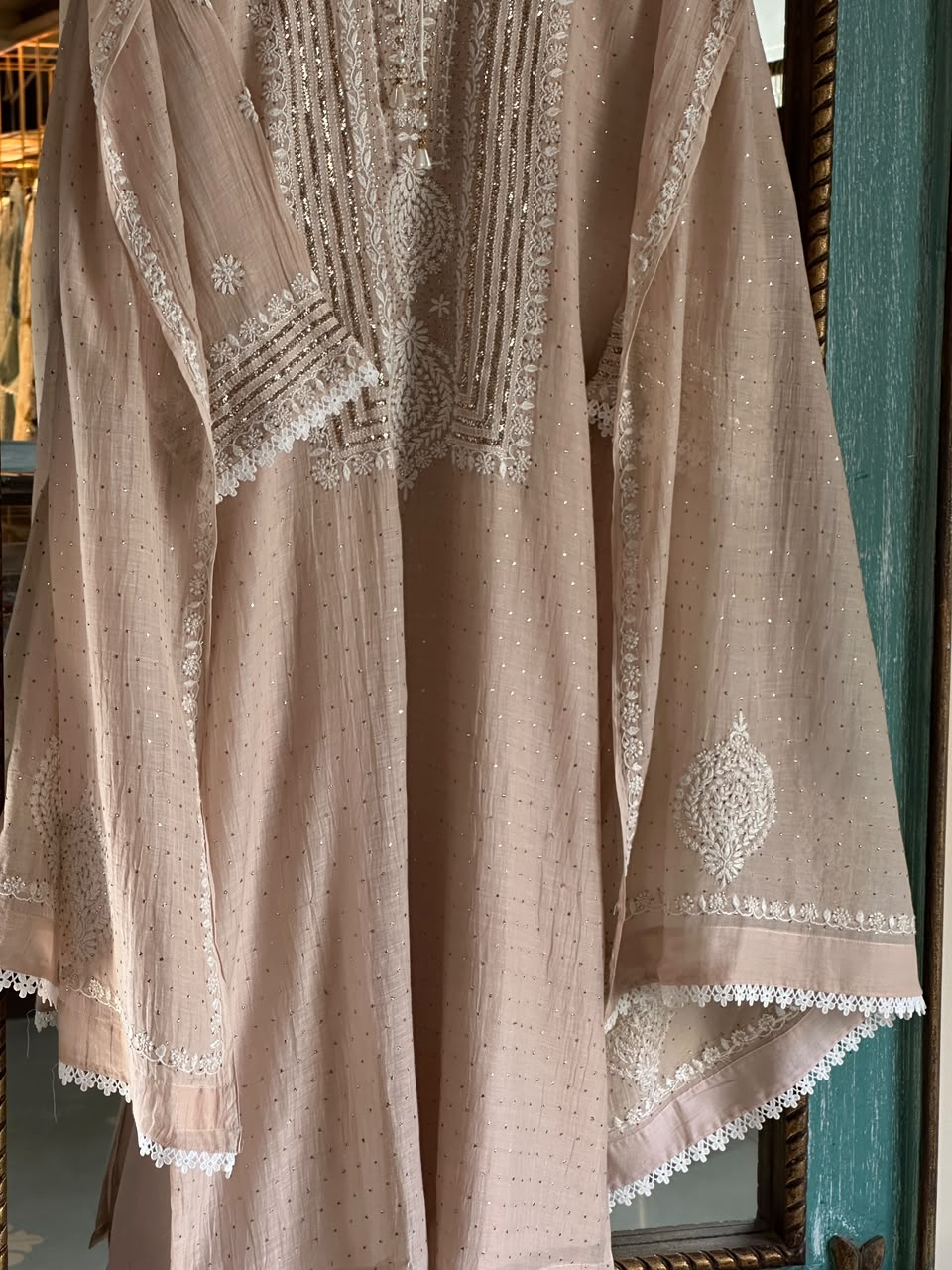 Light Beige Crush Mul Heavy Chikankari Yoke Kurta Set