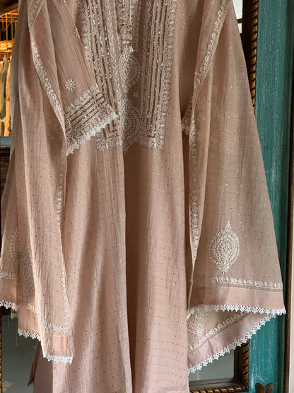 Light Beige Crush Mul Heavy Chikankari Yoke Kurta Set